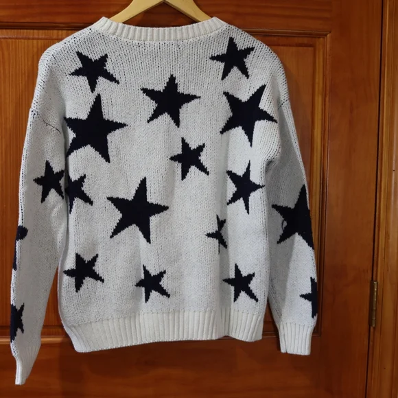 Marled Black White Crew Neck Star Sweater Medium Knit Pullover Casual Stylish - Picture 9 of 13